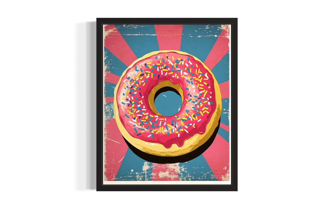 Pink Frosted Sprinkle Donut Pop Art Vintage Retro Sunburst Poster