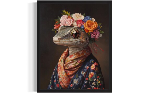 Gecko Wearing Flower Crown and Floral Robe Portrait Fine Art Decor Poster