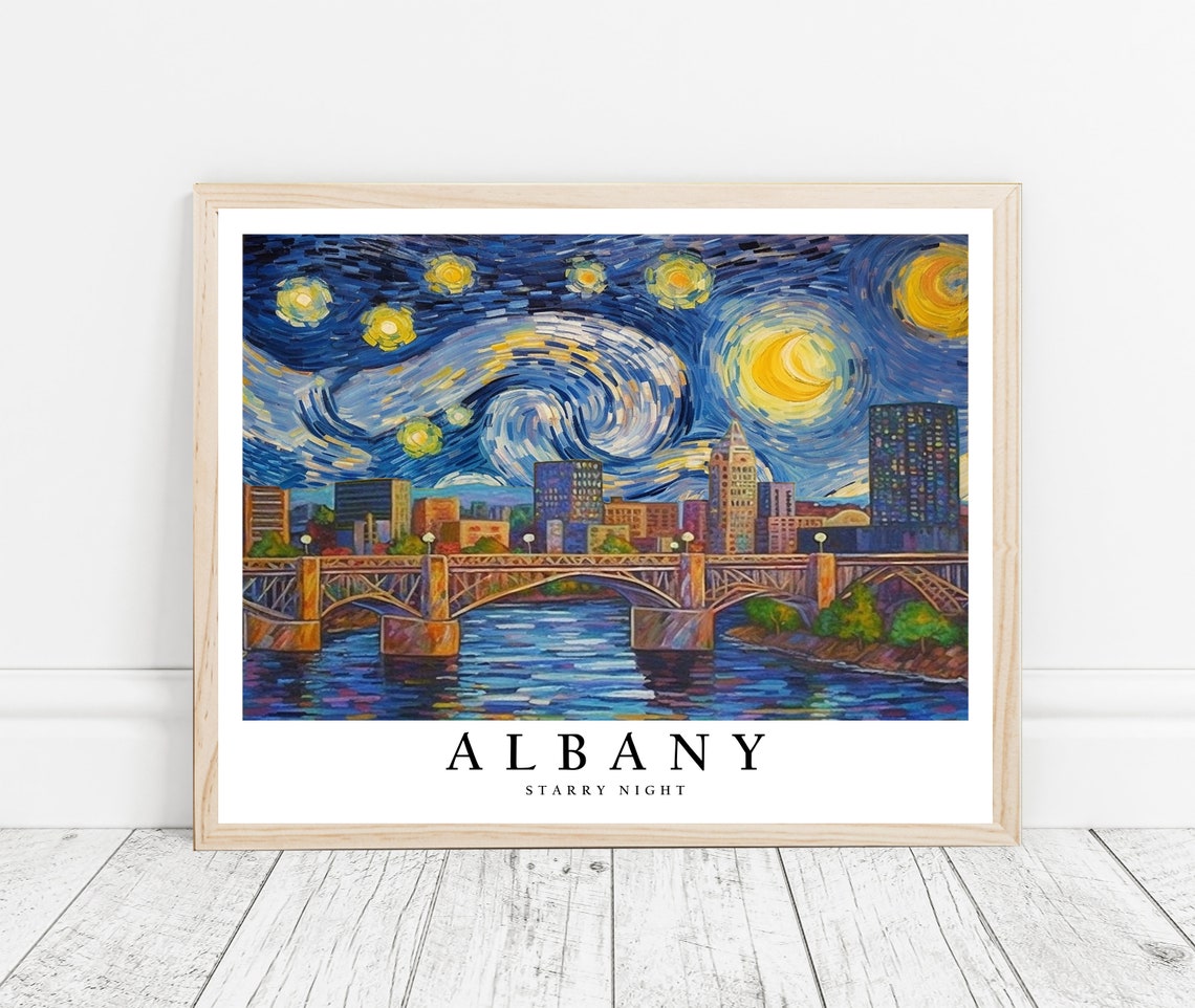 Albany Starry Night River Bridge Downtown Skyline Glow Poster - Image 3