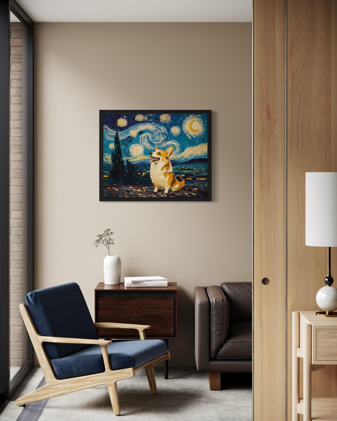Corgi Starry Night Van Gogh Style Happy Dog Portrait Art Poster - Image 3