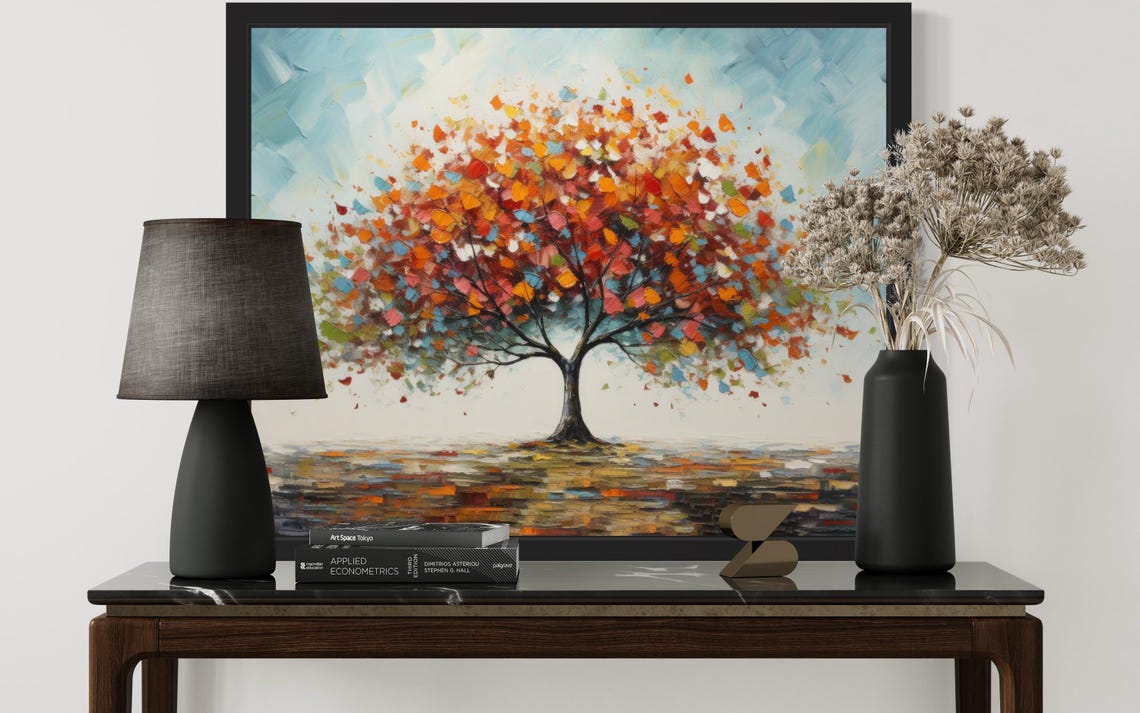 Colorful Autumn Tree with Falling Leaves Original Painting Poster - Image 3