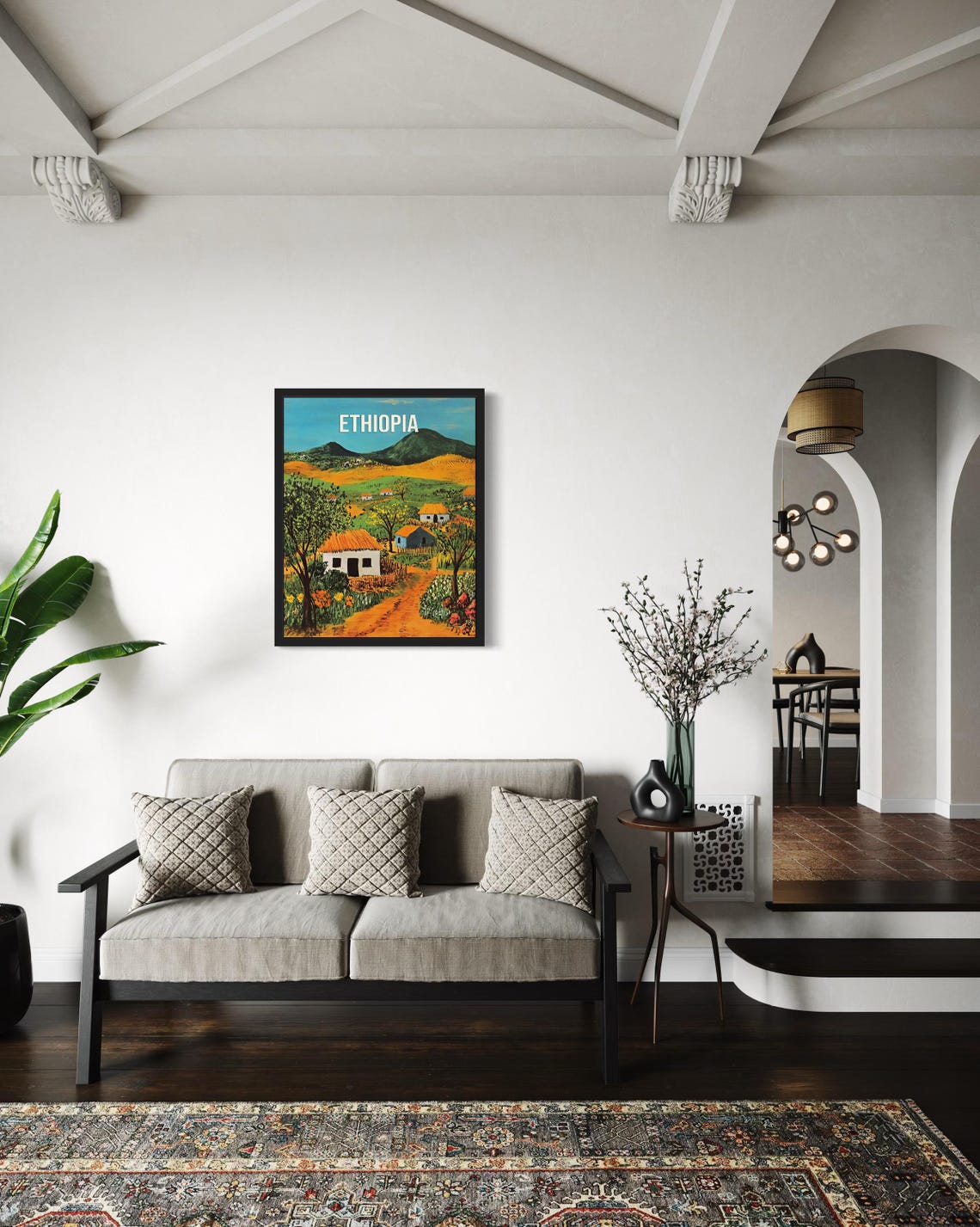 Ethiopia Thatched Cottages Golden Savanna Hills Folk Art Poster - Image 4