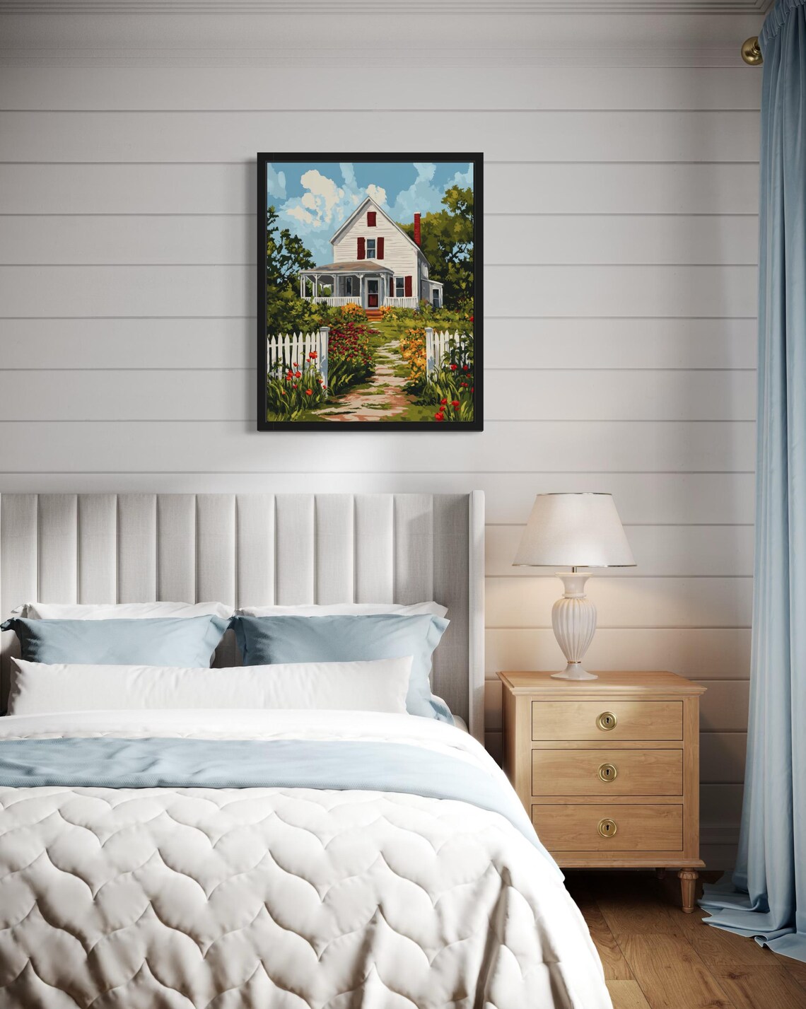 White Farmhouse Red Shutters Picket Fence Flower Garden Art Poster - Image 2