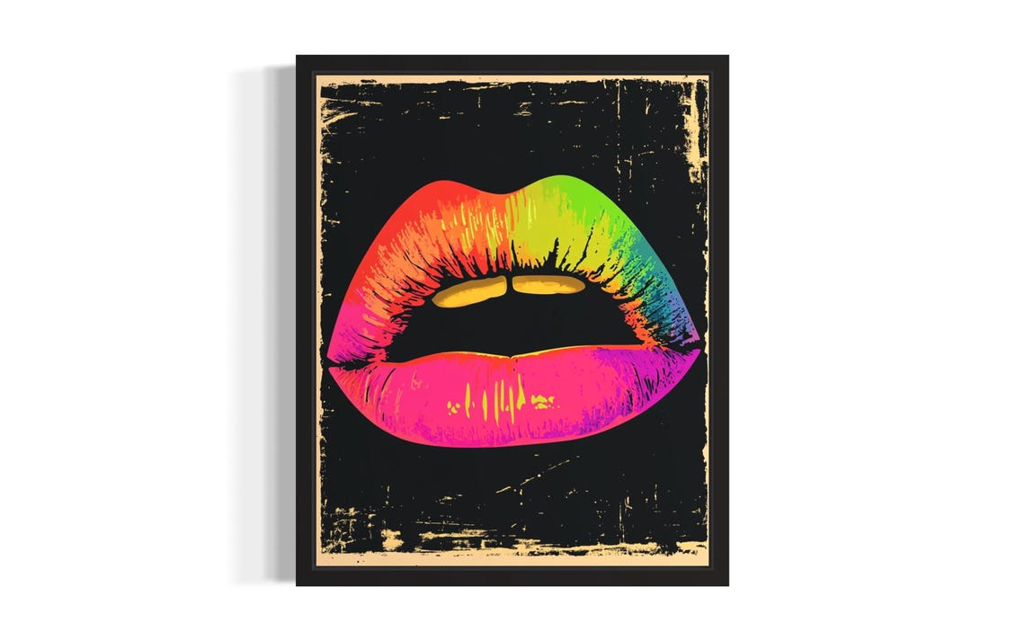 Neon Rainbow Lips Pop Art Vintage Grunge Poster For Living Room