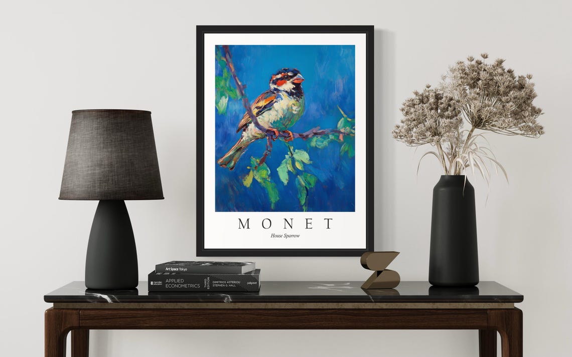 House Sparrow on Branch in Monet Style Impressionist Art Poster - Image 3