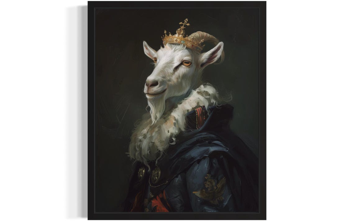 Crowned White Goat King In Royal Robes Gothic Portrait Poster