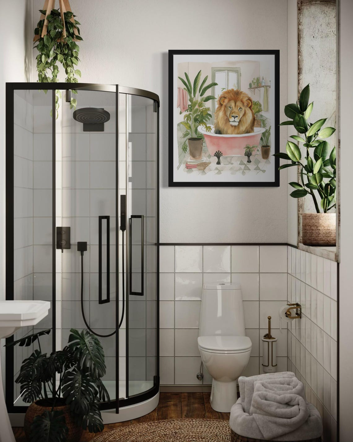 Majestic Lion Soaking in a Pink Bathtub Funny Bathroom Decor Print - Image 3