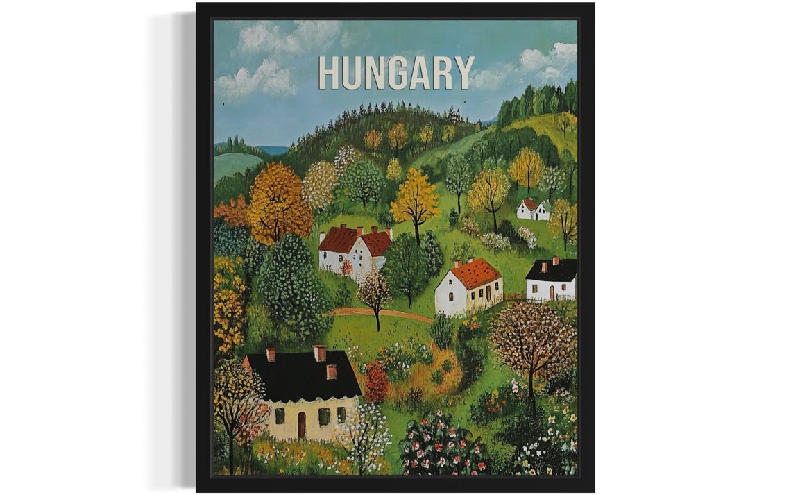Hungary Naive Folk Art Hillside Village Among Autumn Trees Poster