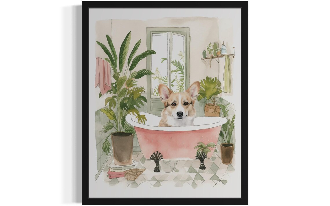 Corgi Dog Bath Time Pink Clawfoot Tub Botanical Bathroom Art Poster