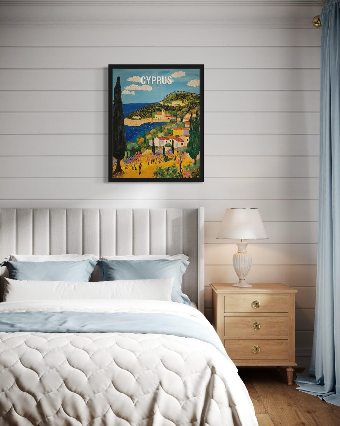 Cyprus Sunlit Mediterranean Coastal Village Bay Folk Art Travel Poster - Image 2