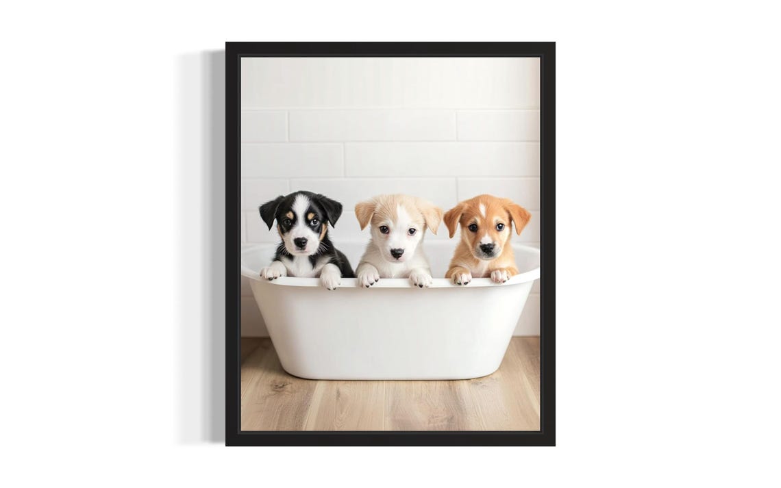 Three Puppies in a White Bathtub Cute Dog Lovers Photo Poster