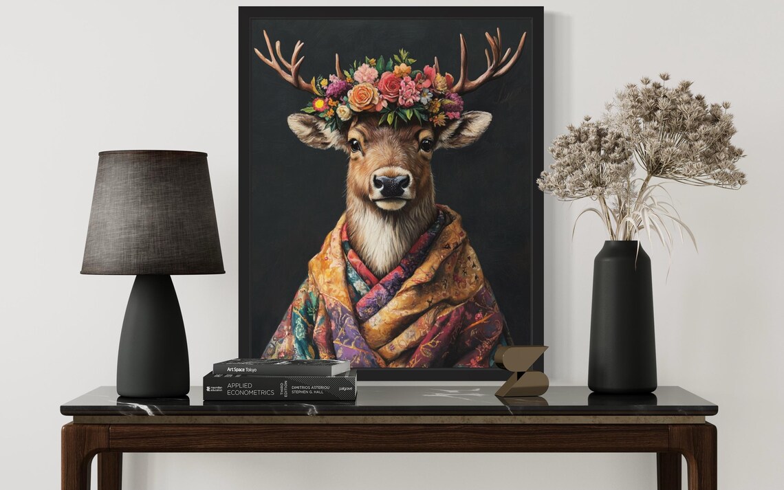Deer with Antlers Wearing Flower Crown and Floral Kimono Poster - Image 4