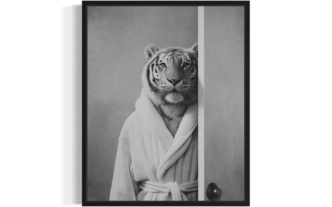 White Tiger Bathrobe Peeking Funny Big Cat Bathroom Art Poster