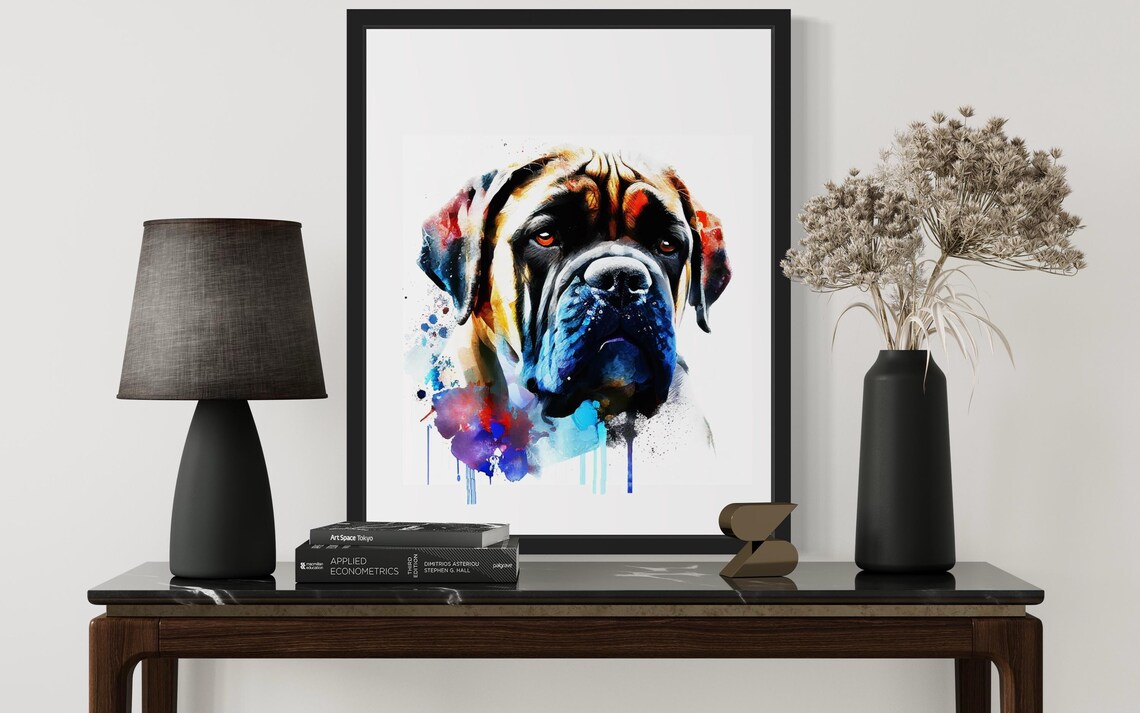 English Mastiff Watercolor Portrait Blue Splash Ink Art Poster - Image 3