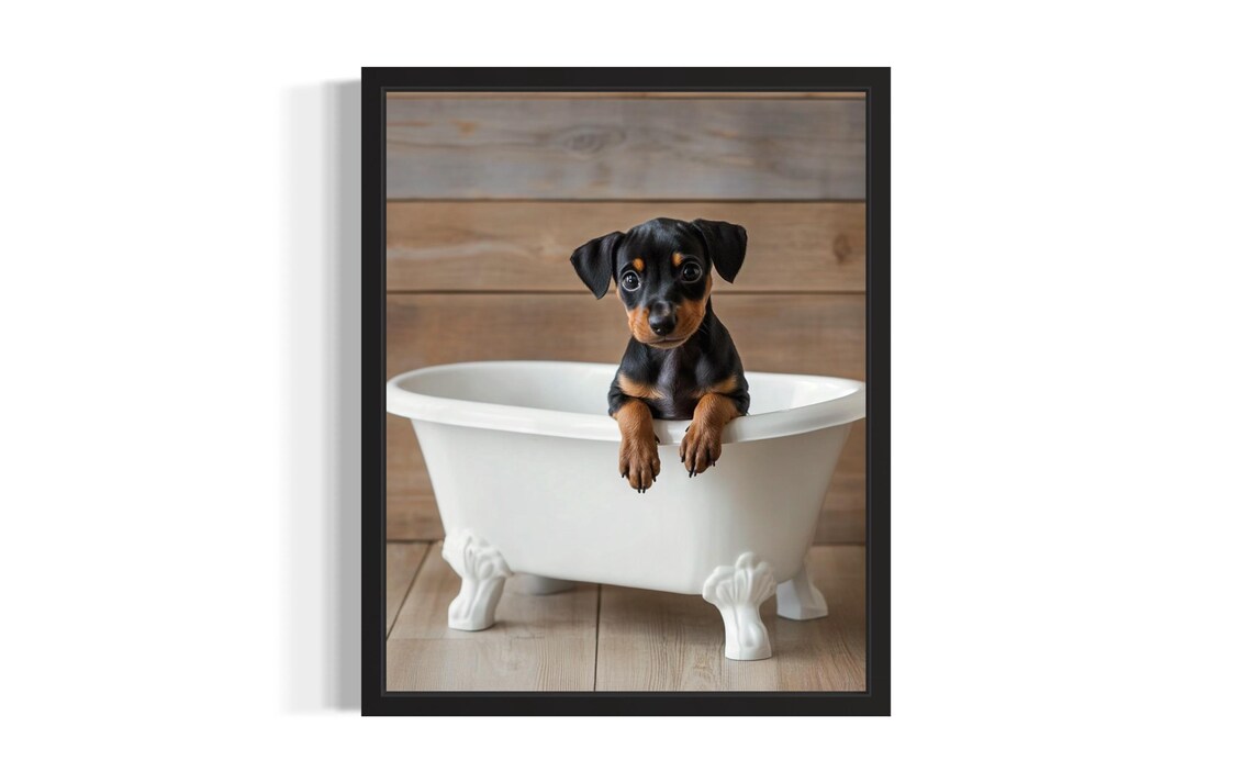 Miniature Pinscher Puppy In Bathtub Cute Black And Tan Pup Poster