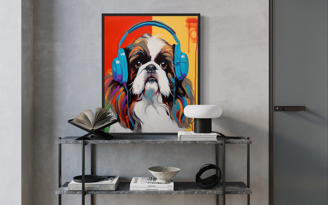 Pekingese Dog Wearing Blue Headphones Colorful Music Art Poster - Image 2