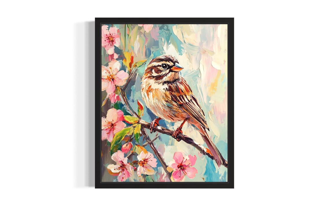 Song Sparrow on Pink Blossom Branch Spring Painting Wall Art