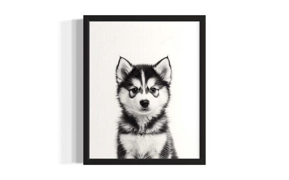 Black And White Fluffy Husky Puppy Portrait Minimalist Cute Dog Poster