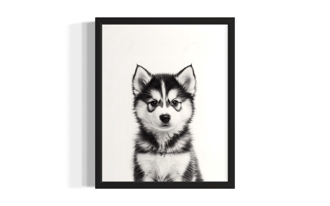 Black And White Fluffy Husky Puppy Portrait Minimalist Cute Dog Poster