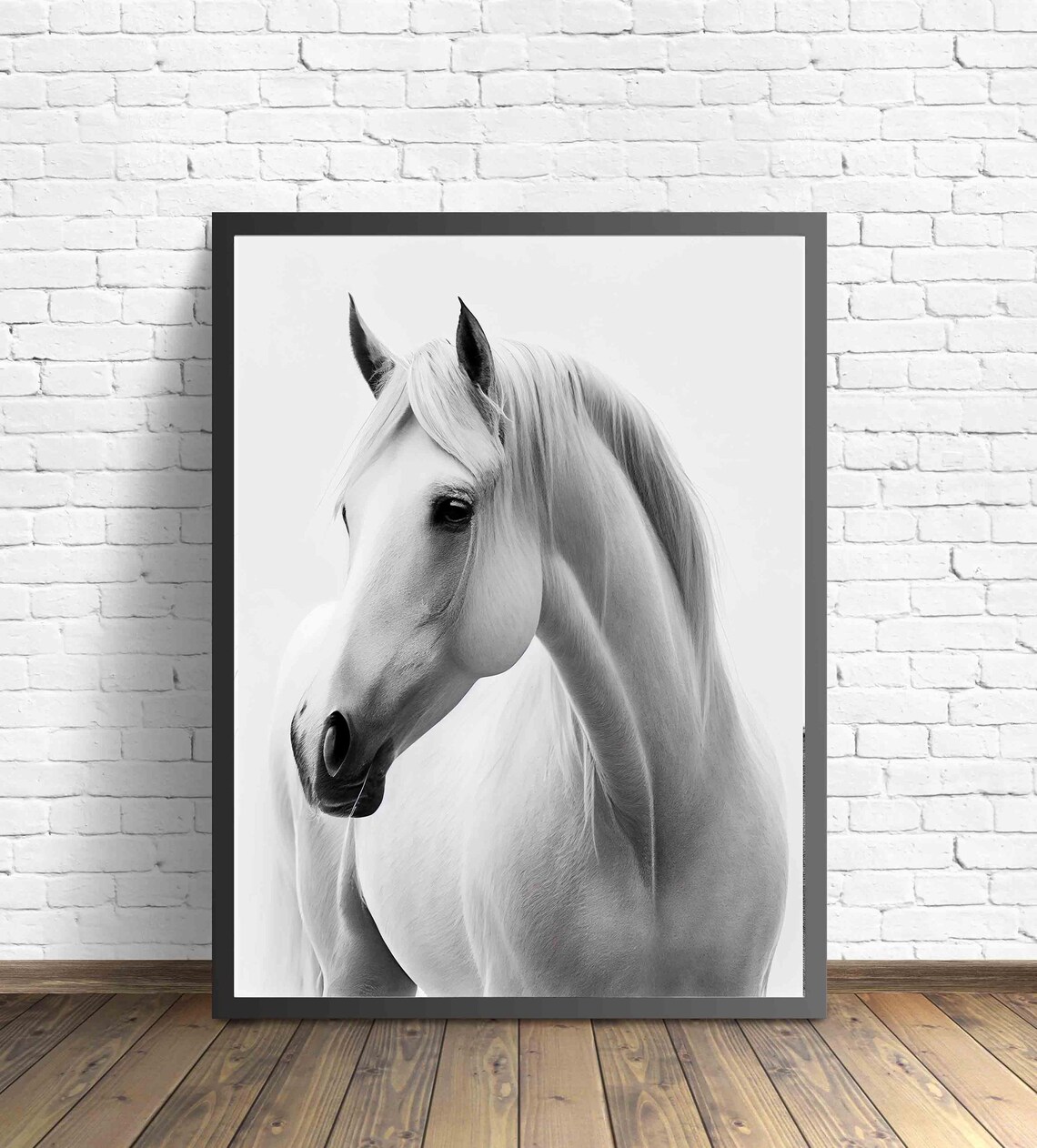 Elegant White Horse Profile Portrait in Black and White Art Poster - Image 4