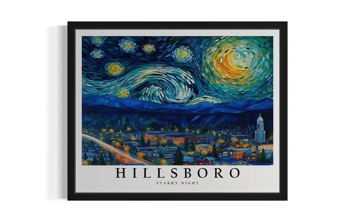 Hillsboro Oregon Small Town Nightscape Starry Night Art Poster