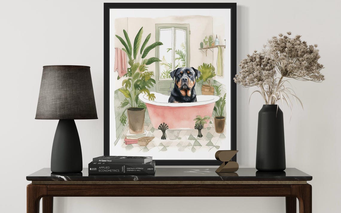 Rottweiler Dog Bath Time Pink Clawfoot Tub Botanical Art Poster - Image 3