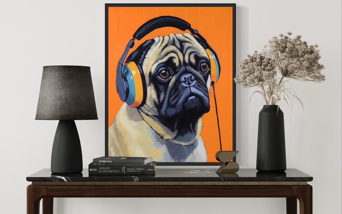 Pug Dog Wearing Headphones Bright Colorful Pop Art Portrait Poster - Image 3