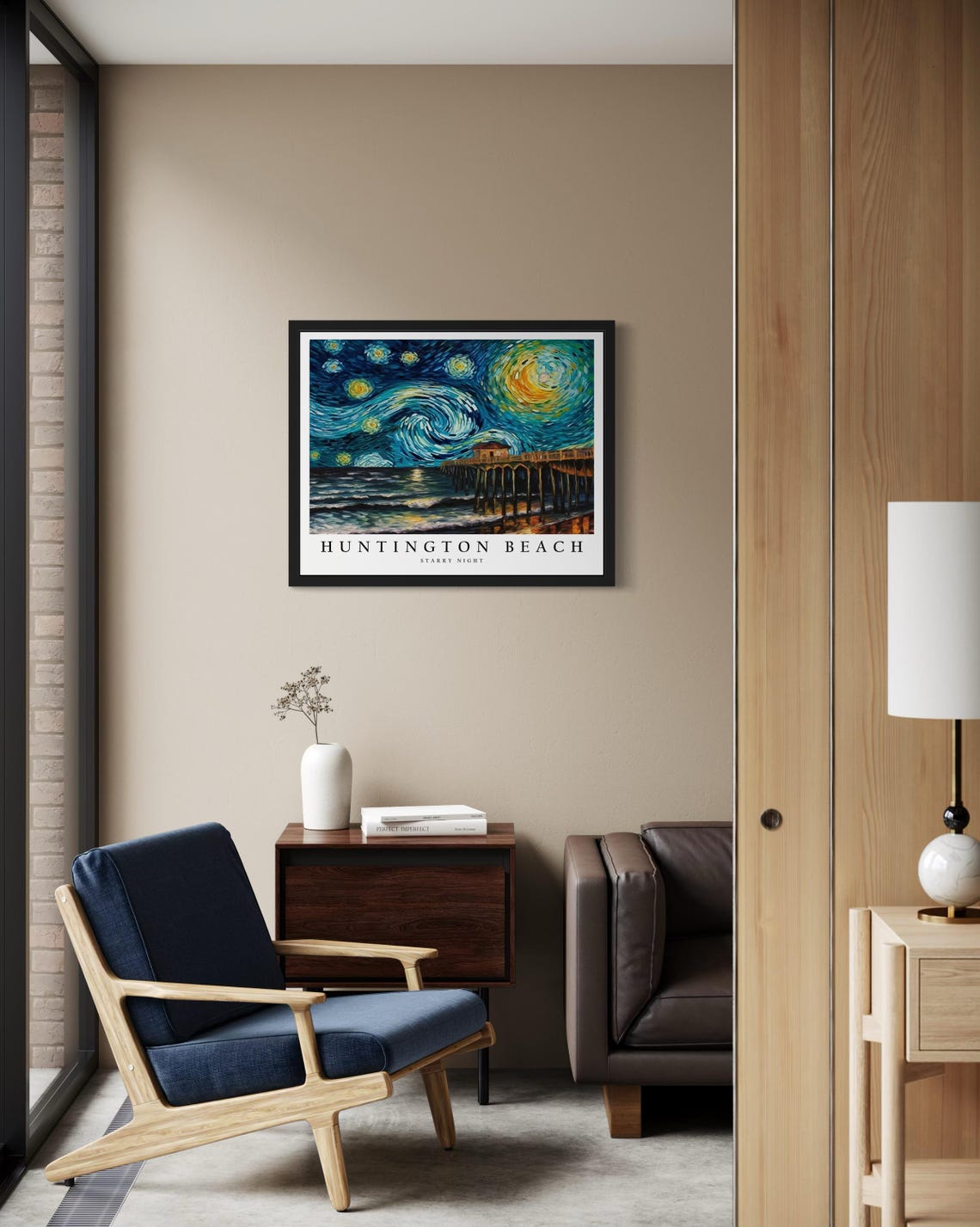 Huntington Beach California Pier Starry Night Ocean Waves Poster - Image 2