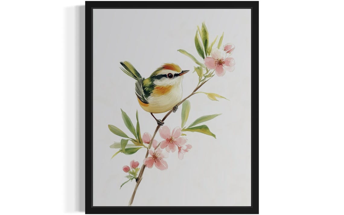 Common Firecrest on Pink Blossom Branch Watercolor Bird Poster
