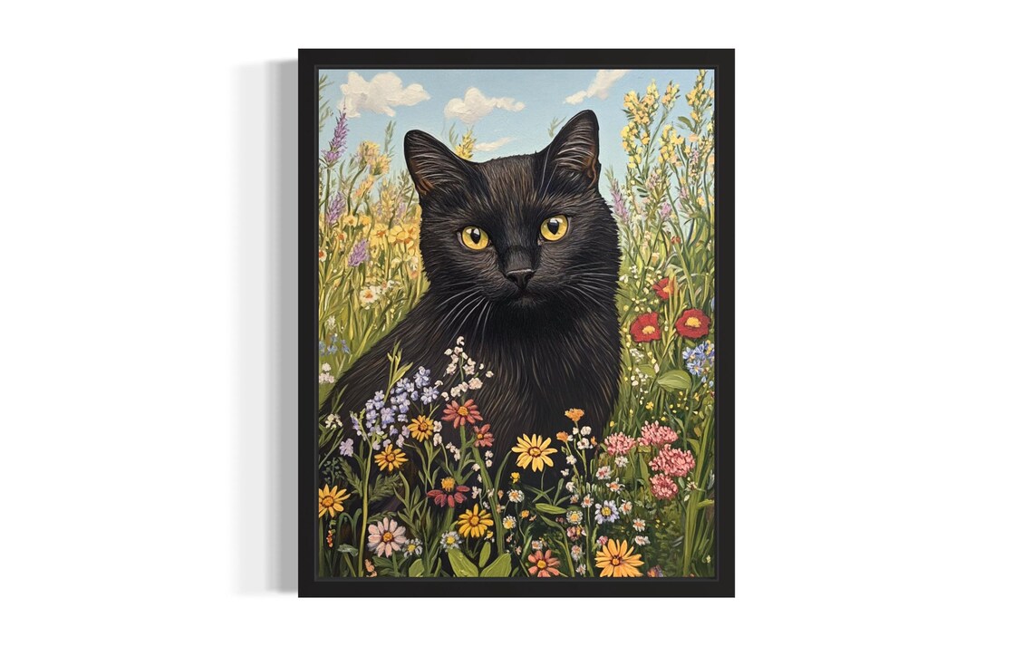 Sweet Black Cat Among Wildflowers Sunny Meadow Feline Art Poster