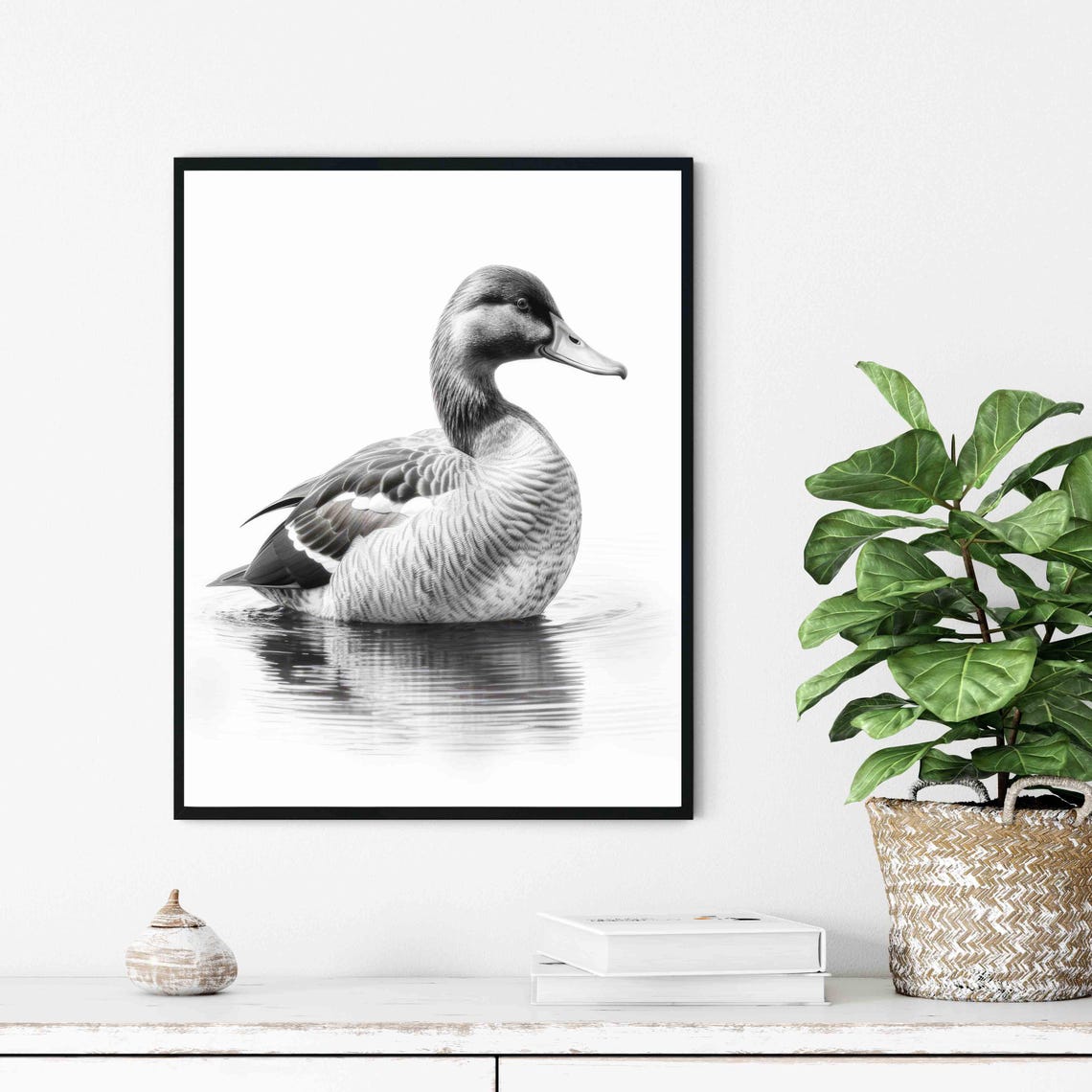 Serene Duck Swimming on Calm Water in Black and White Art Poster - Image 3