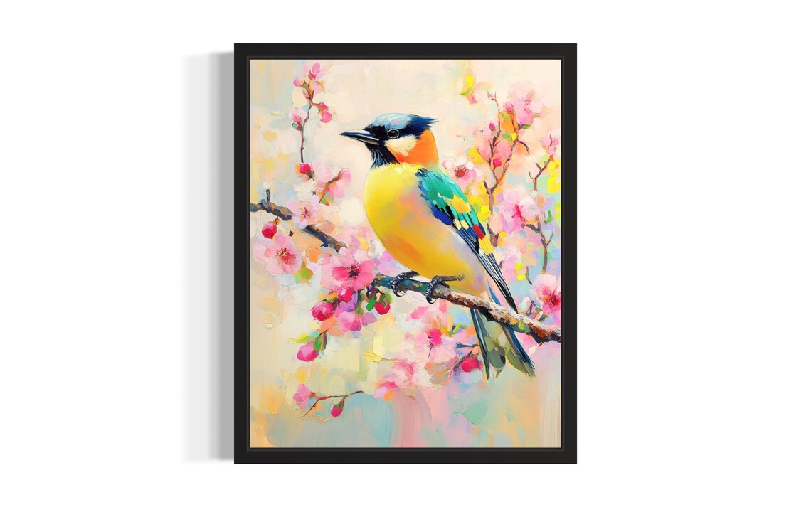 Cedar Waxwing Songbird Among Pink Cherry Blossom Floral Poster