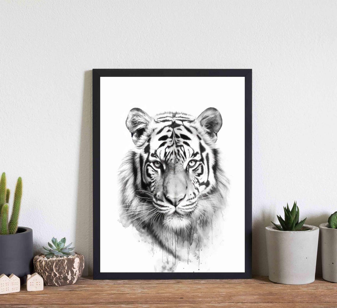 Tiger Black and White Watercolor Wild Big Cat Portrait Poster - Image 2