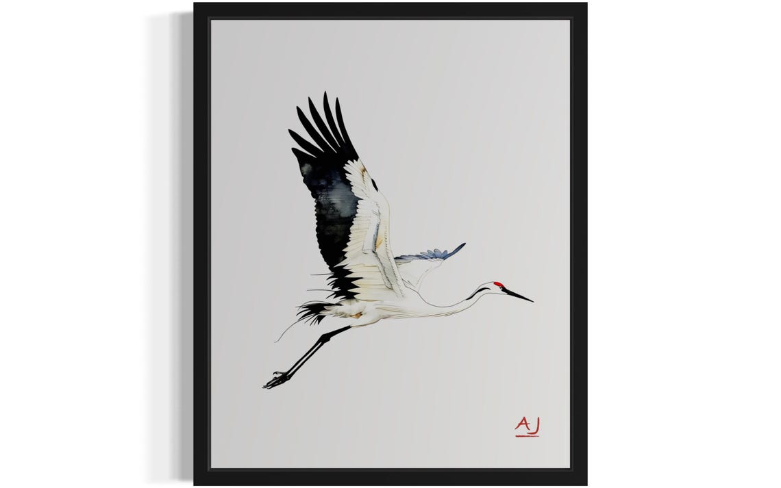 White Crane In Flight Watercolor With Minimal Style Bird Poster