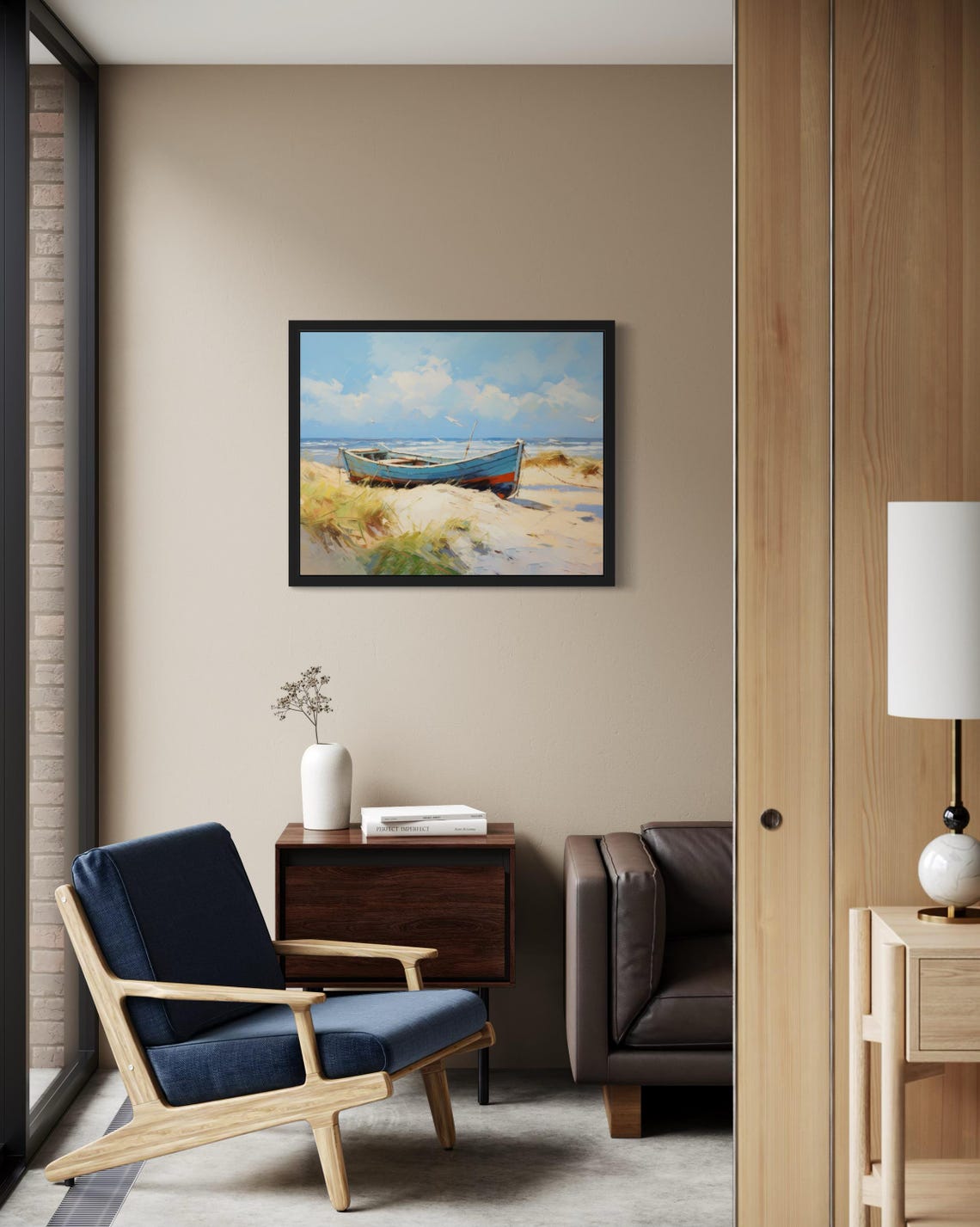 Blue Rowboat Resting on Sandy Beach Dunes Original Painting Poster - Image 2