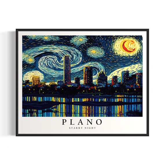 Plano Texas Starry Night Van Gogh Style Skyline Water Reflection Poster