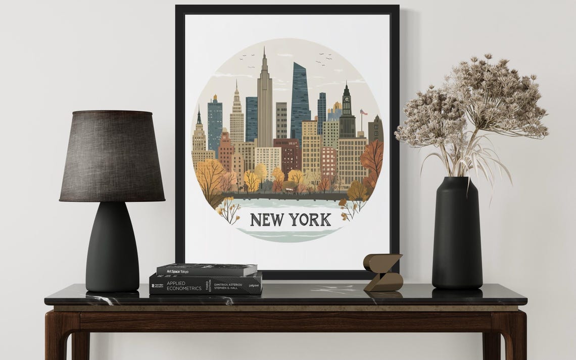 New York City Autumn Skyline Circle Travel Illustration Poster - Image 3