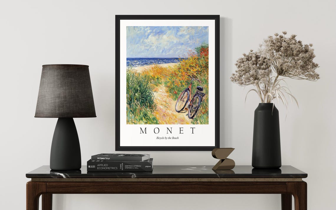 Bicycle by the Beach Coastal Path Ocean Monet Style Art Poster - Image 3