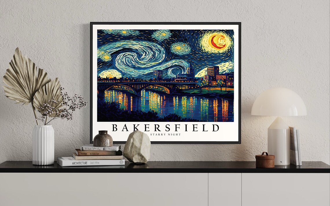 Bakersfield California Starry Night Bridge Glowing River Night Art Poster - Image 2