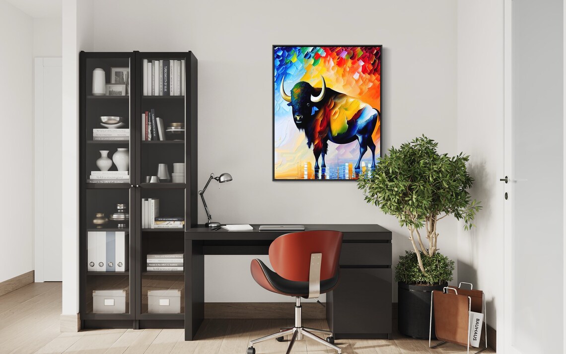 Rainbow Buffalo Portrait Colorful Abstract Oil Painting Animal Art Poster - Image 2