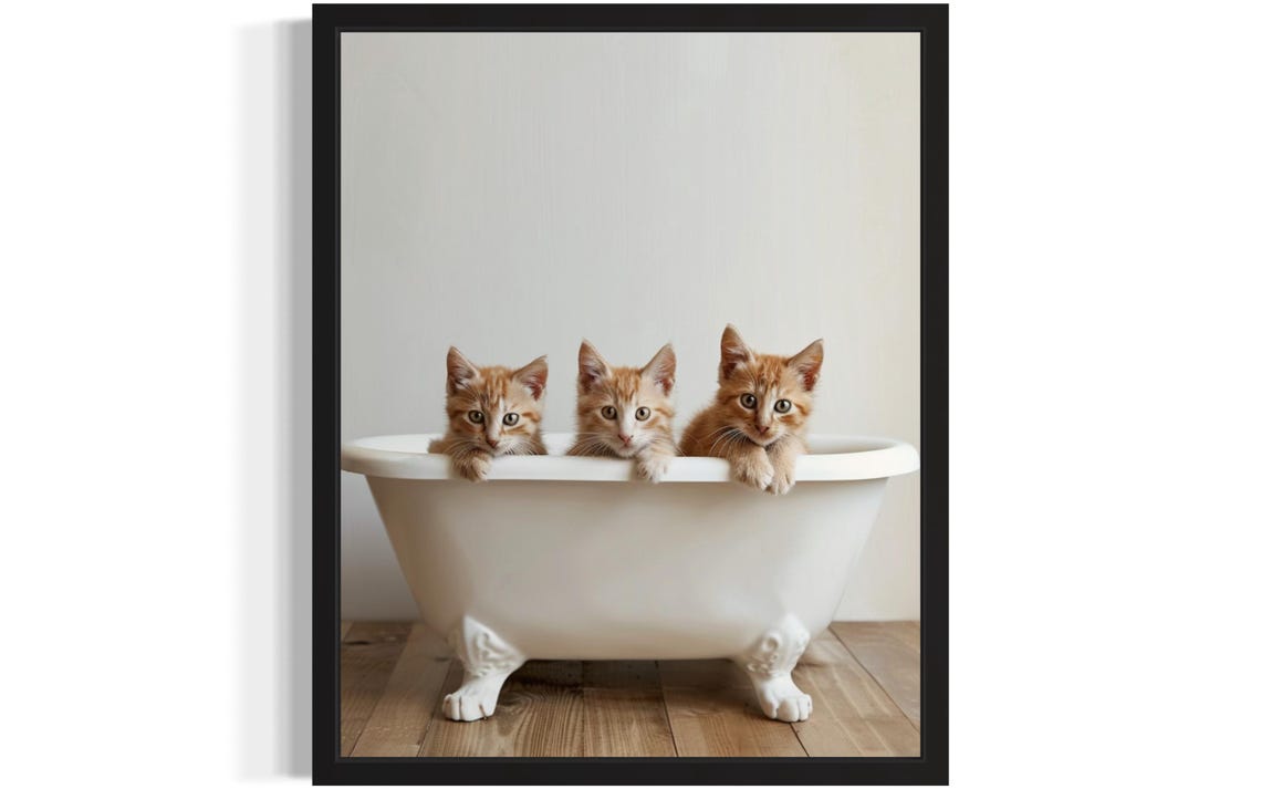 Three Orange Kittens Peeking Over a White Bathtub Photo Poster