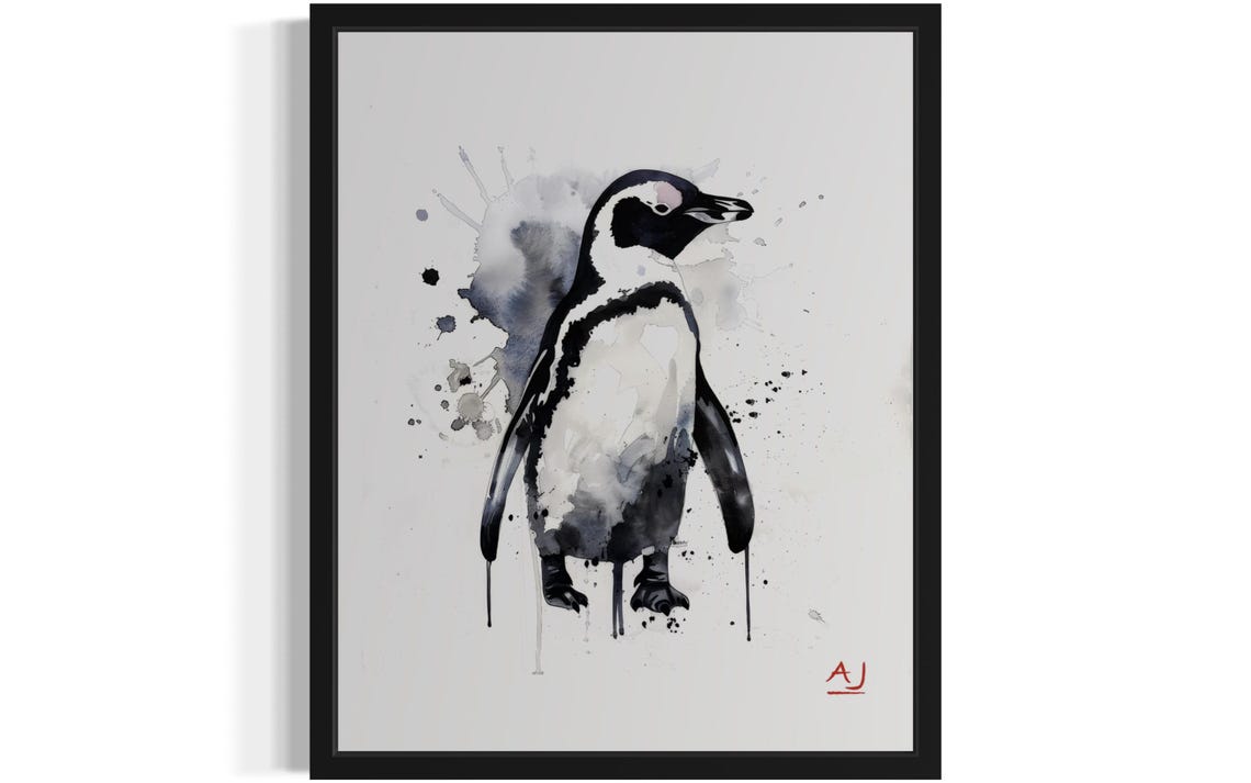 Penguin with Black Ink Splashes Monochrome Watercolor Art Poster