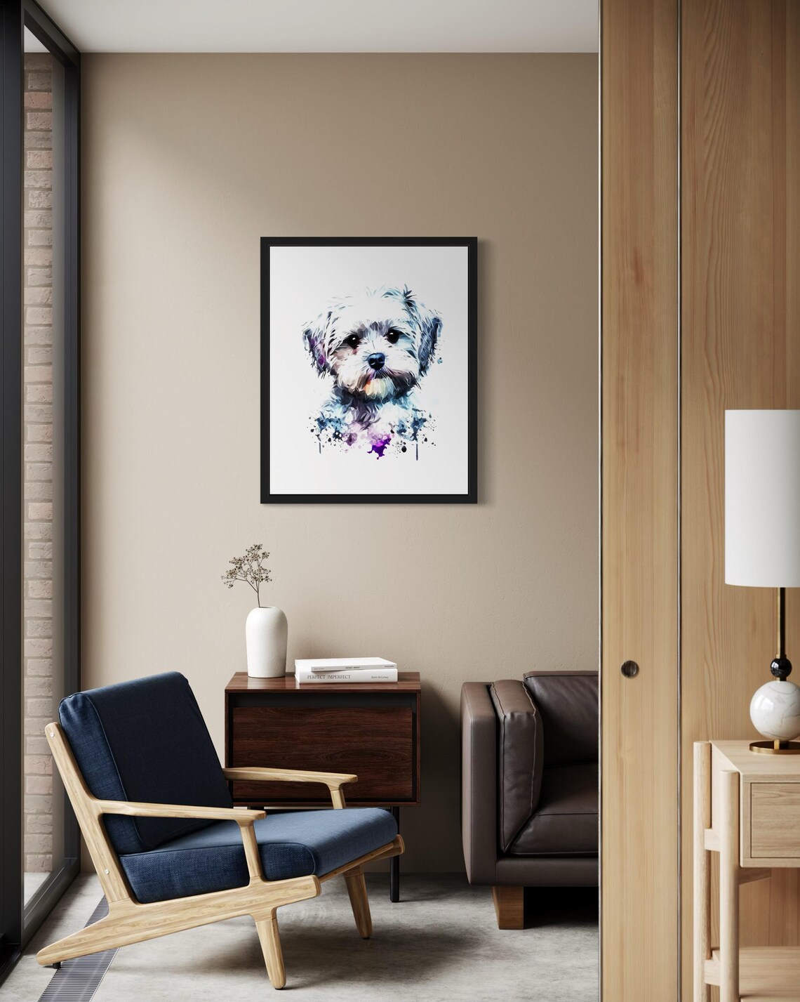 Sweet Maltese Puppy White Blue Watercolor Portrait Art Poster - Image 2