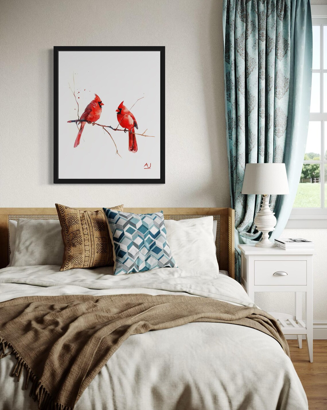 Pair of Red Cardinals on Bare Branch Minimalist Watercolor Poster - Image 3