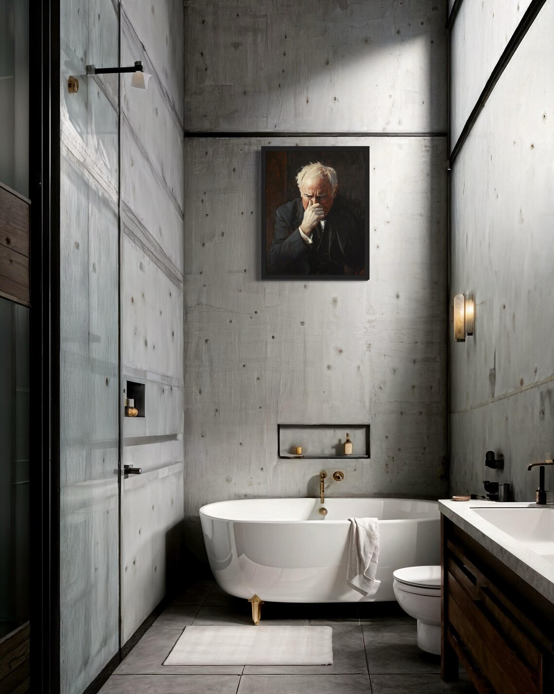 White Haired Old Man in Suit Holding His Nose Oil Painting Poster - Image 2