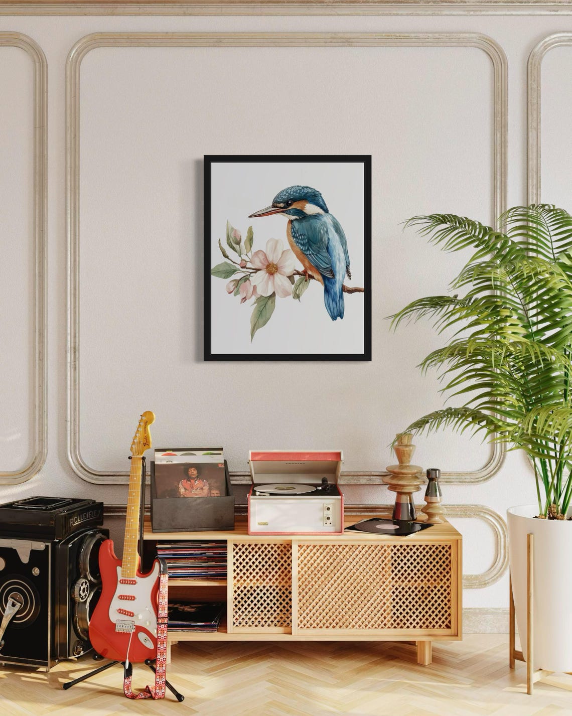 Kingfisher Beside a Blooming Branch Watercolor Bird Art Poster - Image 4