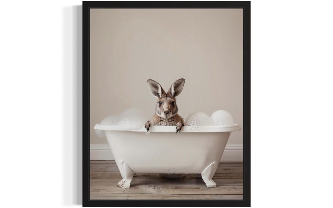 Kangaroo Relaxing in a White Clawfoot Bubble Bath Tub Photo Poster