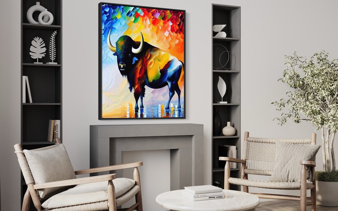Rainbow Buffalo Portrait Colorful Abstract Oil Painting Animal Art Poster