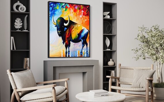 Rainbow Buffalo Portrait Colorful Abstract Oil Painting Animal Art Poster