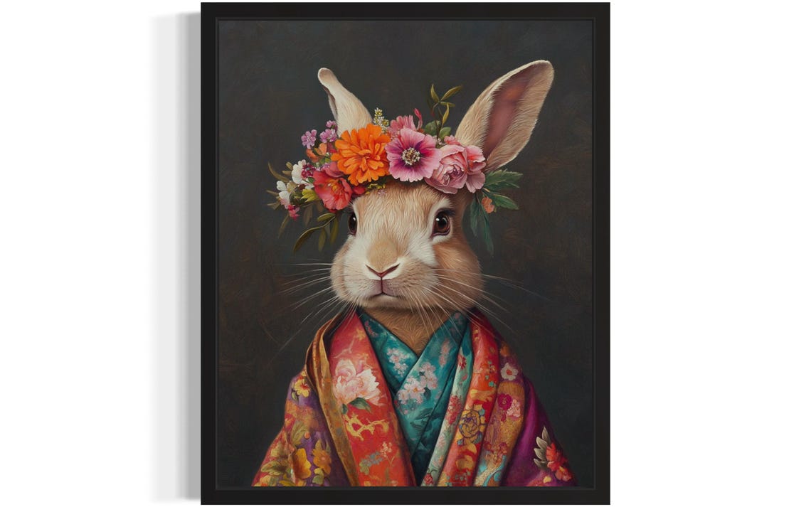 Rabbit In Floral Crown And Kimono Whimsical Portrait Funny Poster